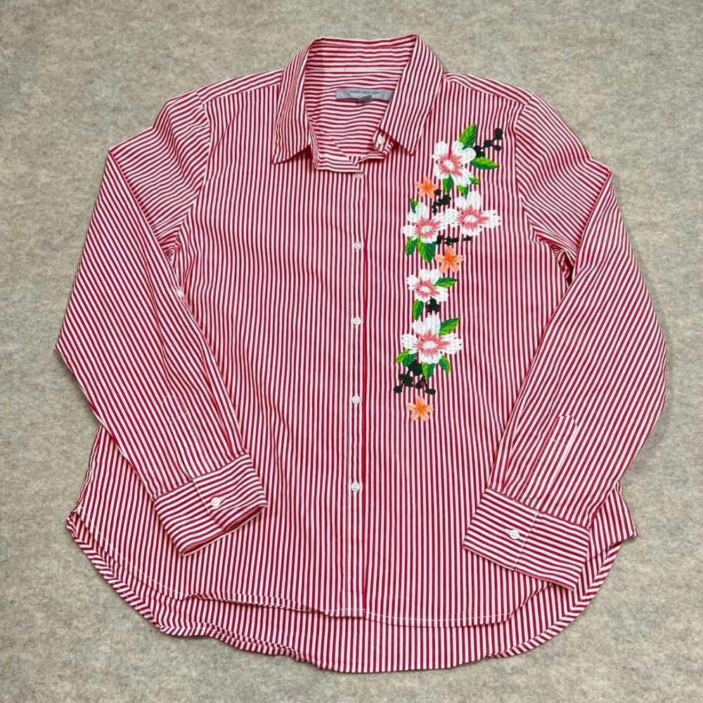 Marc New York Shirt Womens M Red White Striped Floral Embroidered Coastal Preppy